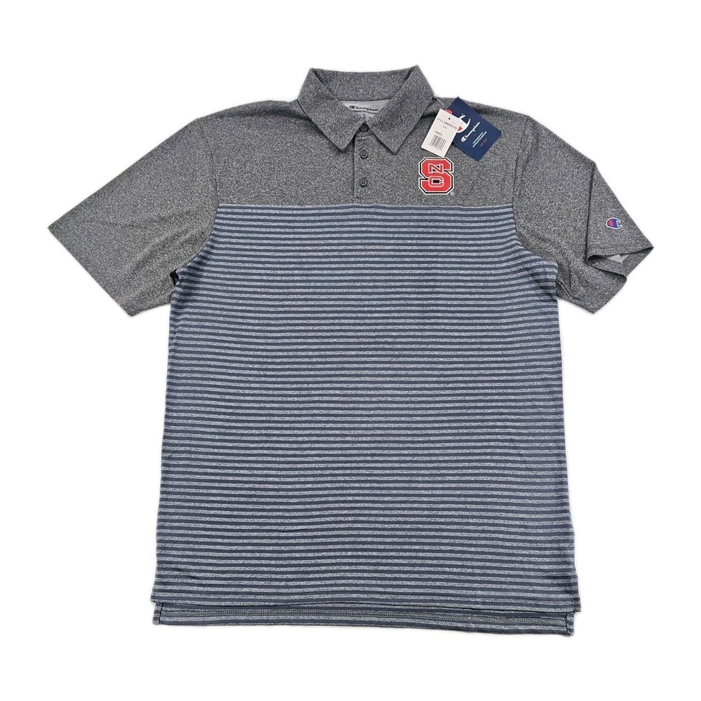 NEW NC State Wolfpack Champion Men Polo Shirt L Gray Stripe Ecofriendly Recycled